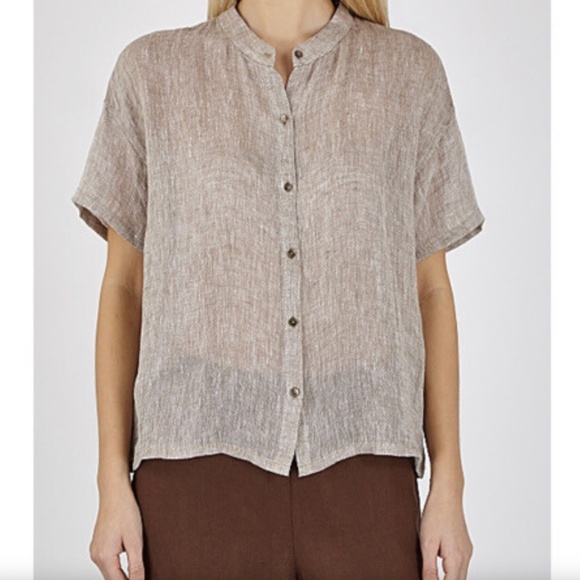 Eileen Fisher Mandarin Collar Short-Sleeve Shirt - Picture 1 of 5